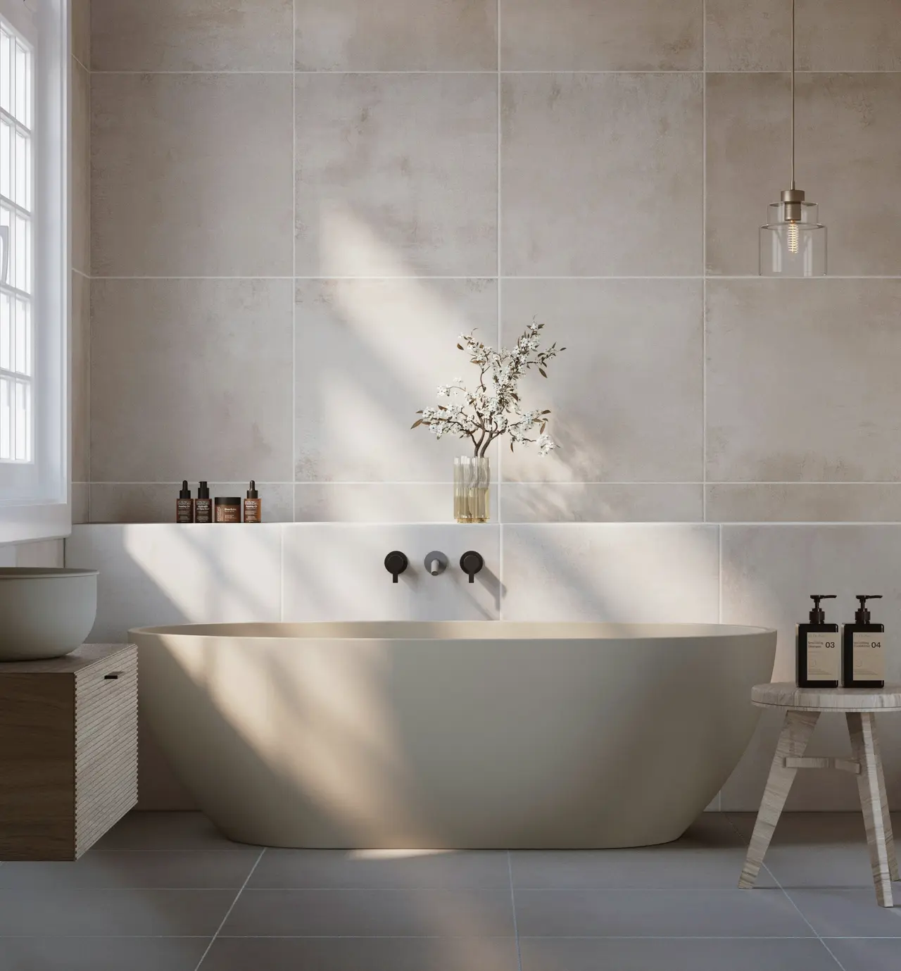 A freestanding bath in a clean, softly lit stone bathroom